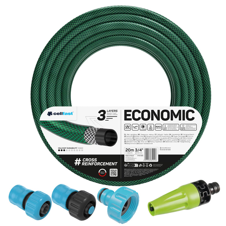 Furtun de grădină Cellfast Economic 3/4" 20 m + aspersor drept + racord cu filet interior de 3/4" + racord rapid de trecere și de oprire de 3/4"