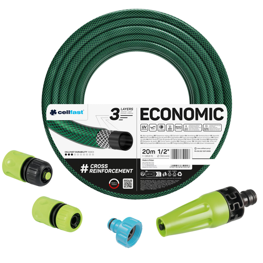 Furtun de grădină Cellfast Economic 1/2" 20 m + aspersor drept + racord cu filet interior de 3/4" + racord rapid de trecere și oprire de 1/2"