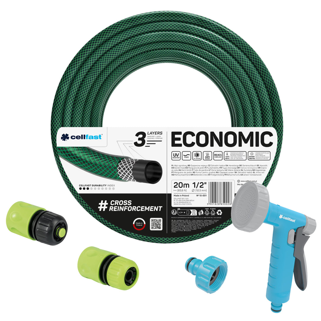 Furtun de grădină Cellfast Economic 1/2" 20 m + pulverizator tip pistol + racord cu filet interior 3/4" + racord rapid de trecere și oprire 1/2"