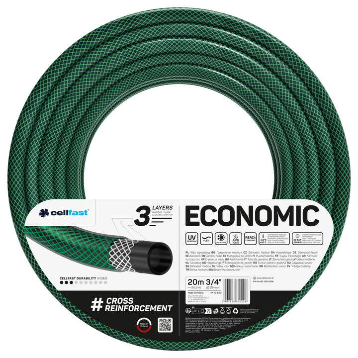 Furtun de grădină Cellfast Economic 3/4" 20 m + pulverizator tip pistol + racord cu filet interior 3/4" + racord rapid de trecere și oprire 3/4"