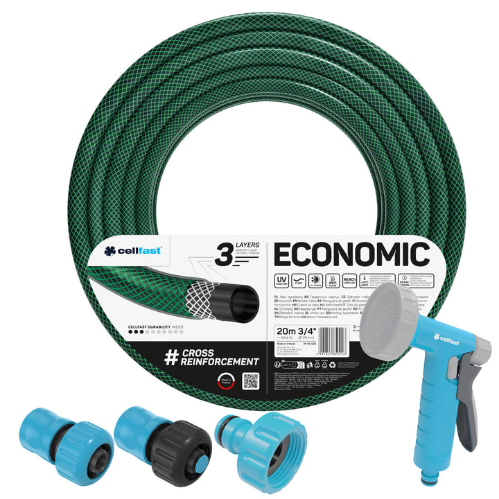 Furtun de grădină Cellfast Economic 3/4" 20 m + pulverizator tip pistol + racord cu filet interior 3/4" + racord rapid de trecere și oprire 3/4"