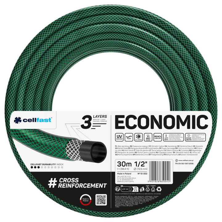 Furtun de grădină Cellfast Economic 1/2" 30 m + suport, racord cu filet interior de 3/4", racord rapid de trecere și racord de oprire de 1/2" + aspersor drept Cellfast Economic