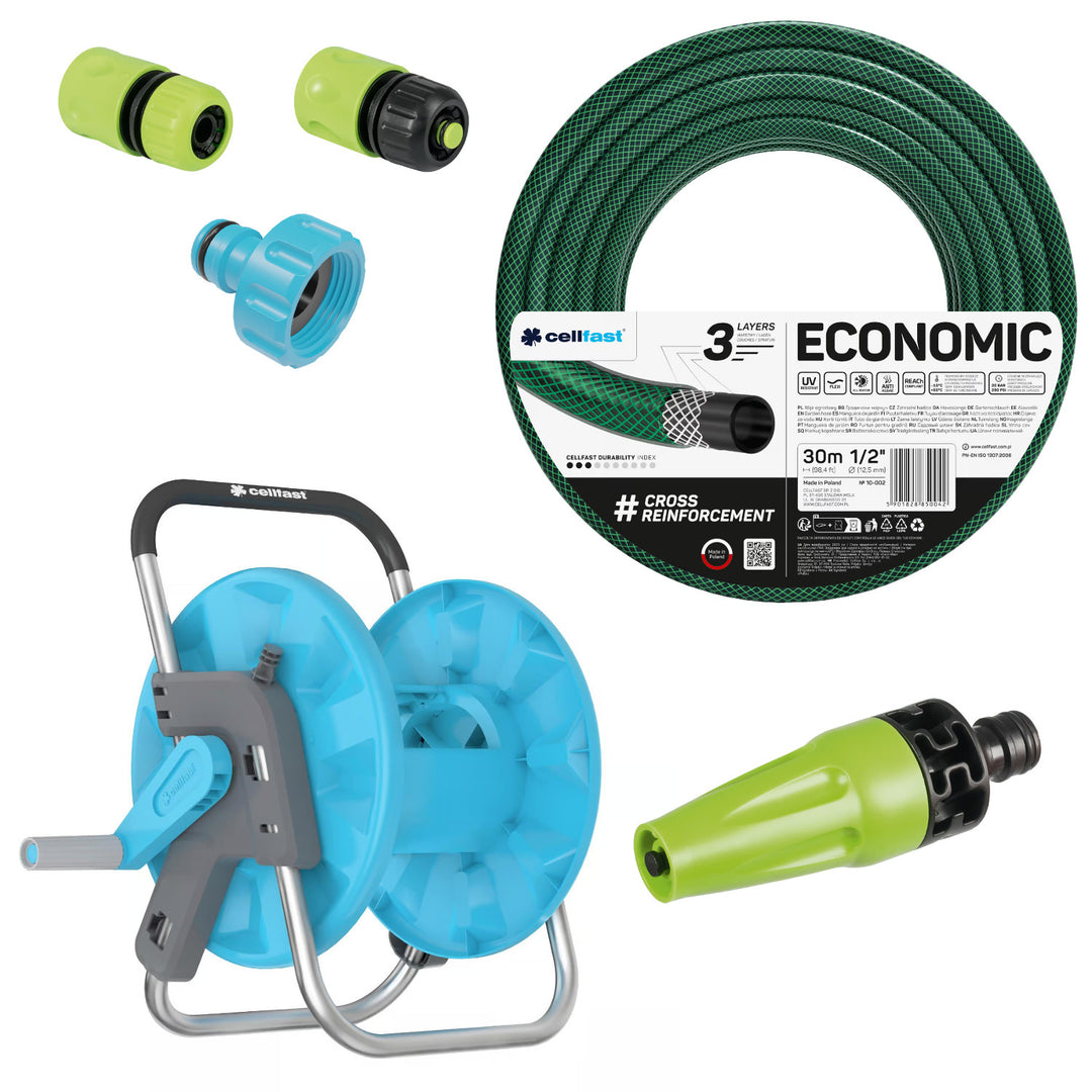 Furtun de grădină Cellfast Economic 1/2" 30 m + suport, racord cu filet interior de 3/4", racord rapid de trecere și racord de oprire de 1/2" + aspersor drept Cellfast Economic