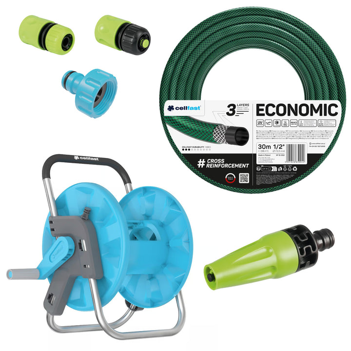 Furtun de grădină Cellfast Economic 1/2" 30 m + suport, racord cu filet interior de 3/4", racord rapid de trecere și racord de oprire de 1/2" + aspersor drept Cellfast Economic