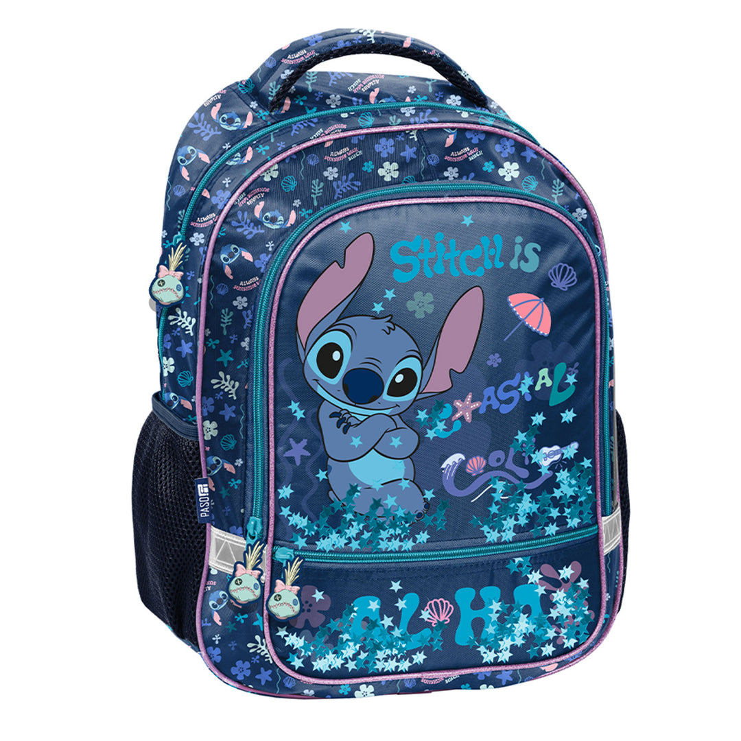 Set școlar Stitch Paso, rucsac cu două compartimente, elemente reflectorizante și spate rigidizat, penar fără conținut, dar cu buzunare pentru rechizite, sac pentru pantofi care poate fi purtat pe spate, DS26XX