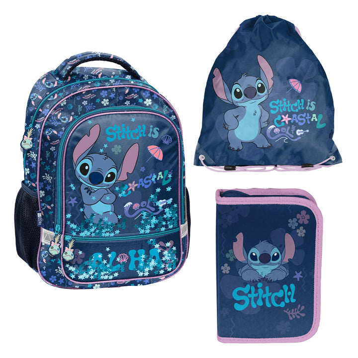 Set școlar Stitch Paso, rucsac cu două compartimente, elemente reflectorizante și spate rigidizat, penar fără conținut, dar cu buzunare pentru rechizite, sac pentru pantofi care poate fi purtat pe spate, DS26XX