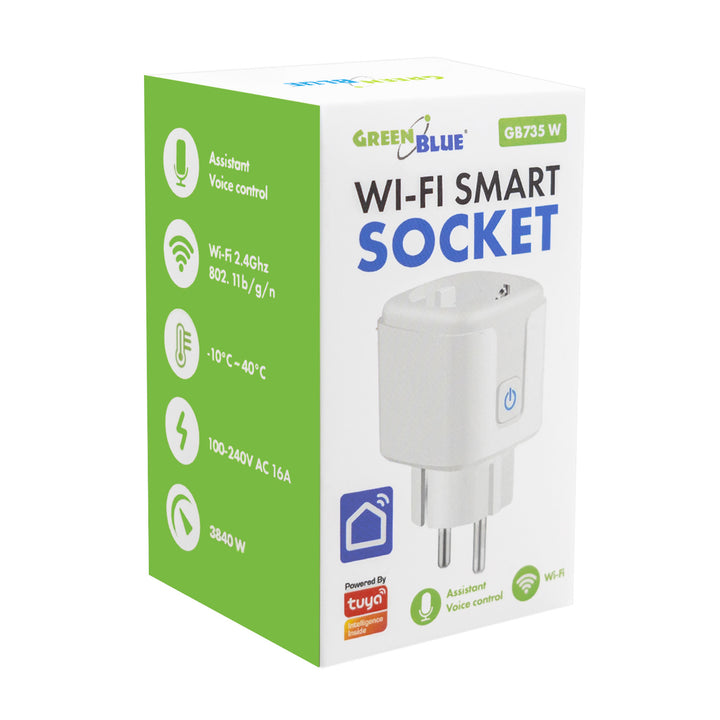 Priză WiFi GreenBlue cu comandă de la distanță, compatibilă cu Android/iOS/Alexa/Google Home, temporizator, contor de putere, max. 16 A/3840 W, GB735 W, 2 bucăți