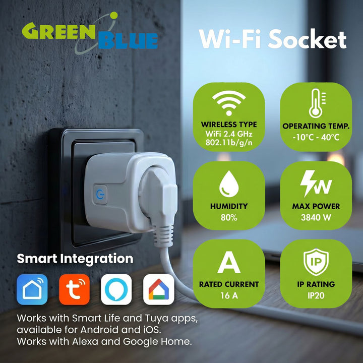 Priză WiFi GreenBlue cu comandă de la distanță, compatibilă cu Android/iOS/Alexa/Google Home, temporizator, contor de putere, max. 16 A/3840 W, GB735 W, 2 bucăți