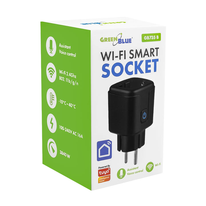 Priză WiFi GreenBlue cu control de la distanță, compatibilă cu Android/iOS/Alexa/Google Home, temporizator, contor de putere, max. 16 A/3840 W, GB735 B, 2 bucăți