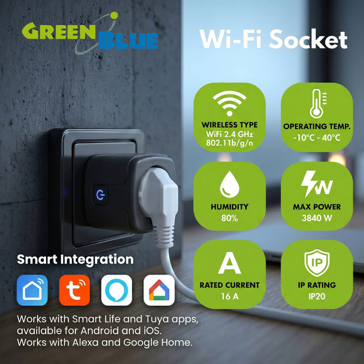 Priză WiFi GreenBlue cu control de la distanță, compatibilă cu Android/iOS/Alexa/Google Home, temporizator, contor de putere, max. 16 A/3840 W, GB735 B, 2 bucăți