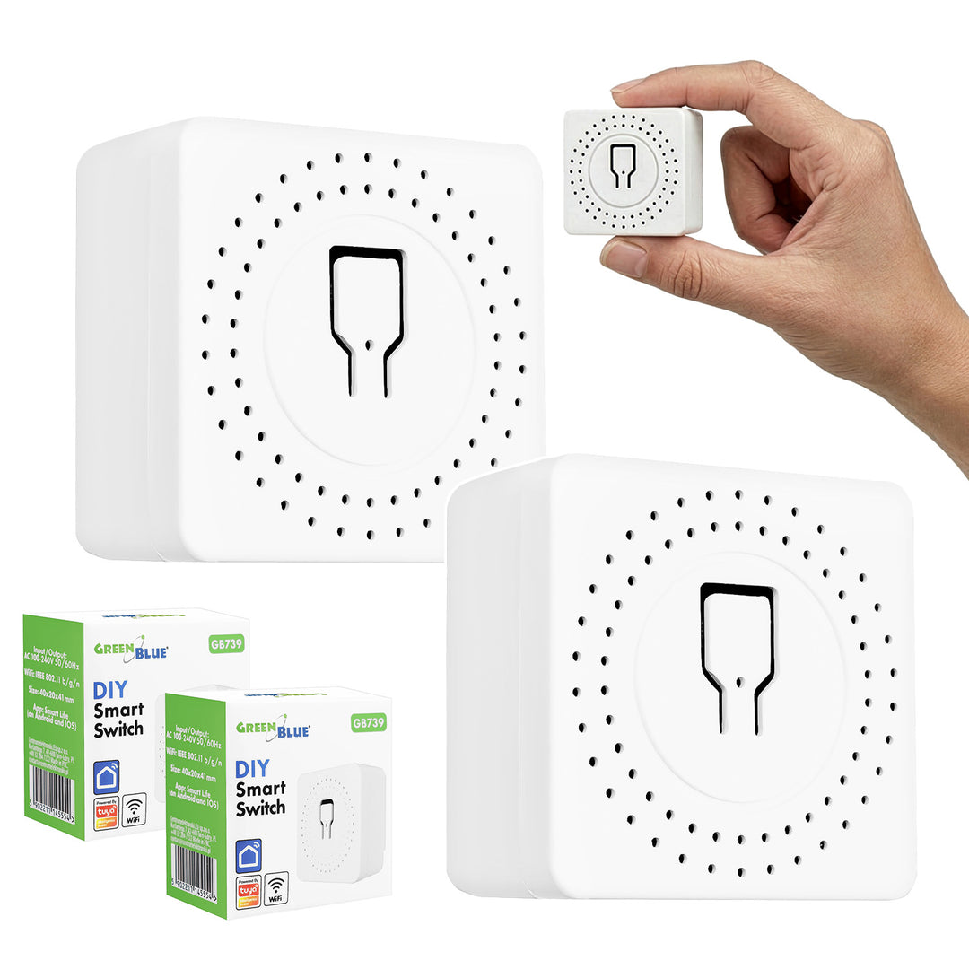 Relay WiFi încastrat GreenBlue, Android/iOS/Alexa/Google Home, 100-240 V c.a., 50/60 Hz, max. 16 A, pentru LED-uri de 150 W, GB739, 2 bucăți