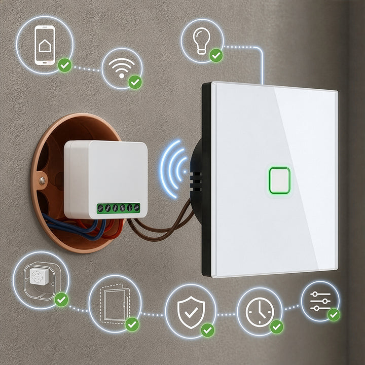 Relé WiFi încastrat GreenBlue, compatibil cu Android/iOS/Alexa/Google Home, 100-240 V c.a., 50/60 Hz, max. 16 A, pentru LED-uri de 150 W, GB739, 4 bucăți