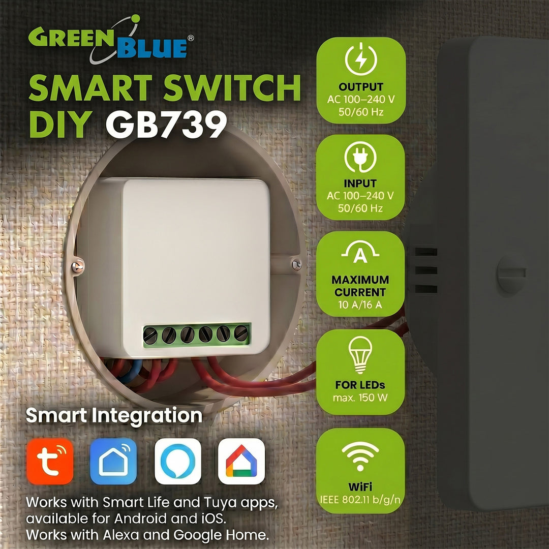 Relé WiFi încastrat GreenBlue, compatibil cu Android/iOS/Alexa/Google Home, 100-240 V c.a., 50/60 Hz, max. 16 A, pentru LED-uri de 150 W, GB739, 4 bucăți