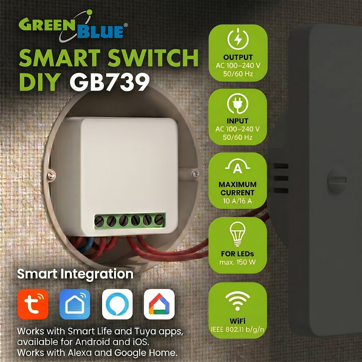 Relé WiFi încastrat GreenBlue, compatibil cu Android/iOS/Alexa/Google Home, 100-240 V c.a., 50/60 Hz, max. 16 A, pentru LED-uri de 150 W, GB739, 4 bucăți