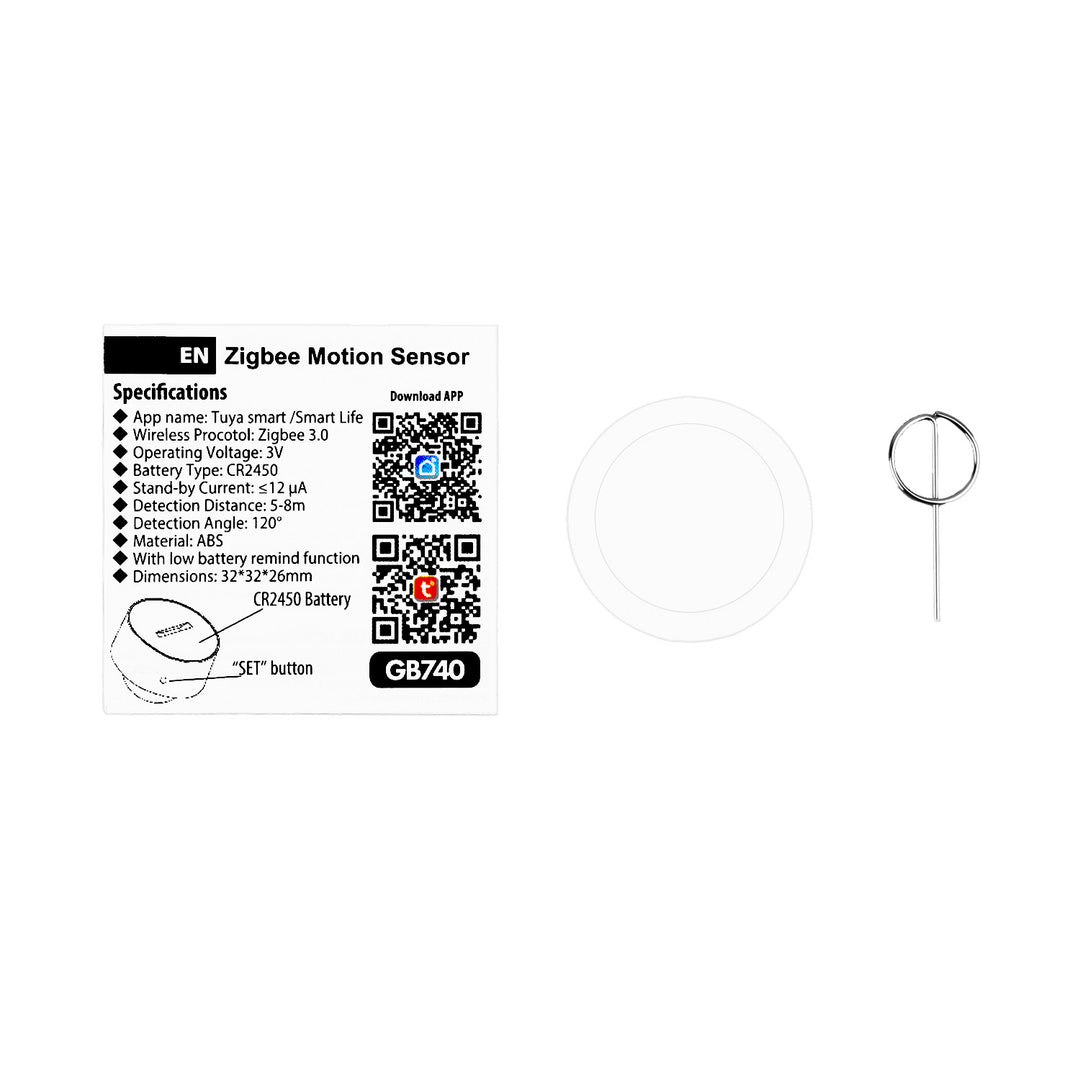 Senzor de mișcare fără fir Zigbee Tuya GreenBlue, Android/iOS, CR2450 DC 3,0 V, unghi de detectare 120° / până la 8 m, GB740, 2 bucăți