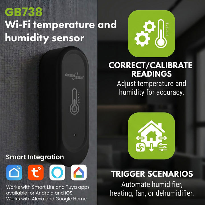 Senzor extern de temperatură și umiditate WiFi GreenBlue, Android/iOS, 3,0 V c.c., LR03x2, IP65, GB741, 2 bucăți