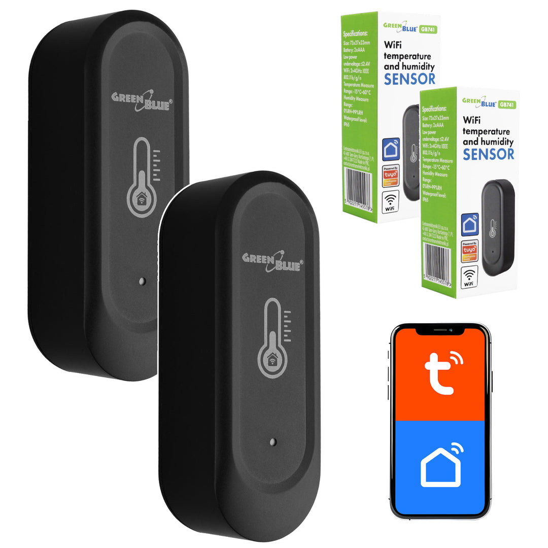 Senzor extern de temperatură și umiditate WiFi GreenBlue, Android/iOS, 3,0 V c.c., LR03x2, IP65, GB741, 2 bucăți