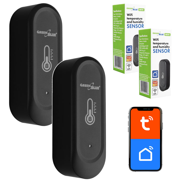 Senzor extern de temperatură și umiditate WiFi GreenBlue, Android/iOS, 3,0 V c.c., LR03x2, IP65, GB741, 2 bucăți