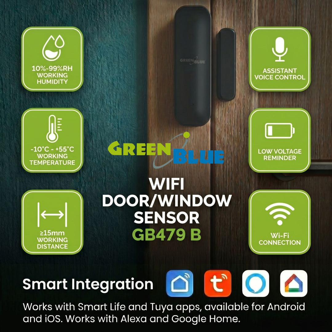 Contactor fără fir / senzor de deschidere WiFi GreenBlue, Android/iOS, pentru uși / ferestre, 3,0 V c.c., LR03x2, GB479 B, 2 seturi