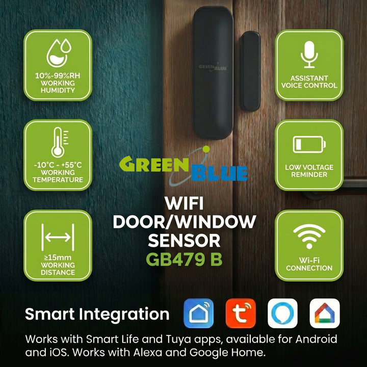 Contactor fără fir / senzor de deschidere WiFi GreenBlue, Android/iOS, pentru uși / ferestre, 3,0 V c.c., LR03x2, GB479 B, 2 seturi