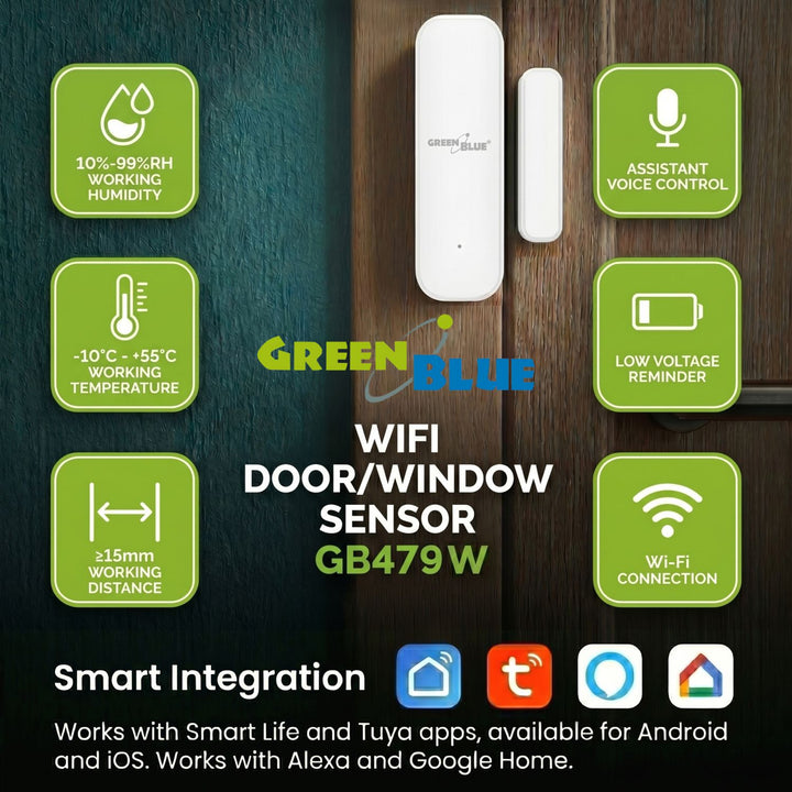 Contactor fără fir / senzor de deschidere WiFi GreenBlue, Android/iOS, pentru uși / ferestre, 3,0 V c.c., LR03x2, GB479 W, 2 seturi