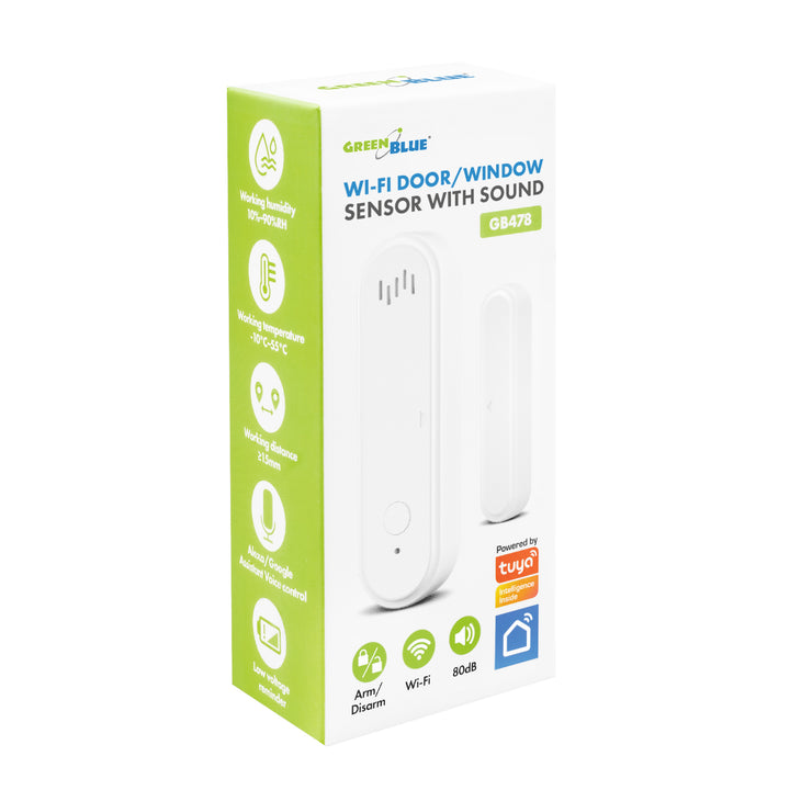 Contactor fără fir / senzor de deschidere WiFi GreenBlue, Android/iOS, pentru uși / ferestre, 3,0 V c.c., LR03x2, cu alarmă, GB478, 2 seturi