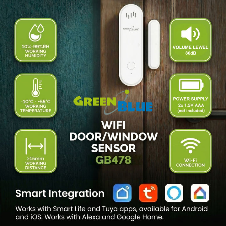Contactor fără fir / senzor de deschidere WiFi GreenBlue, Android/iOS, pentru uși / ferestre, 3,0 V c.c., LR03x2, cu alarmă, GB478, 2 seturi