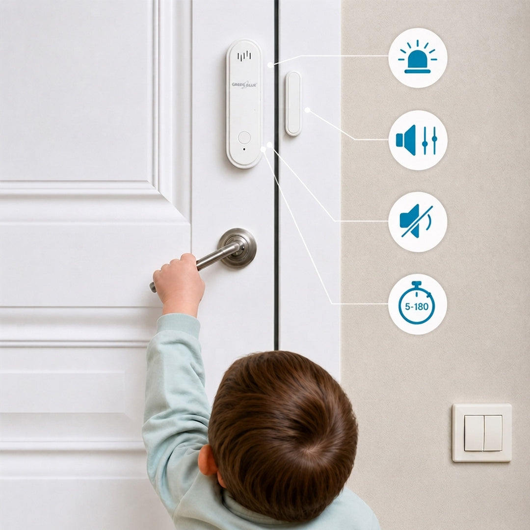 Contactor fără fir / senzor de deschidere WiFi GreenBlue, Android/iOS, pentru uși / ferestre, 3,0 V c.c., LR03x2, cu alarmă, GB478, 2 seturi