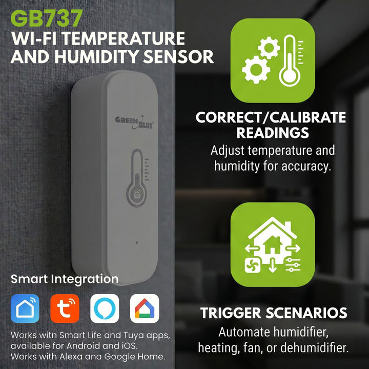 Senzor de temperatură și umiditate WiFi GreenBlue, Android/iOS/Alexa/Google Home, 3,0 V c.c., LR03x2, GB737, 2 bucăți