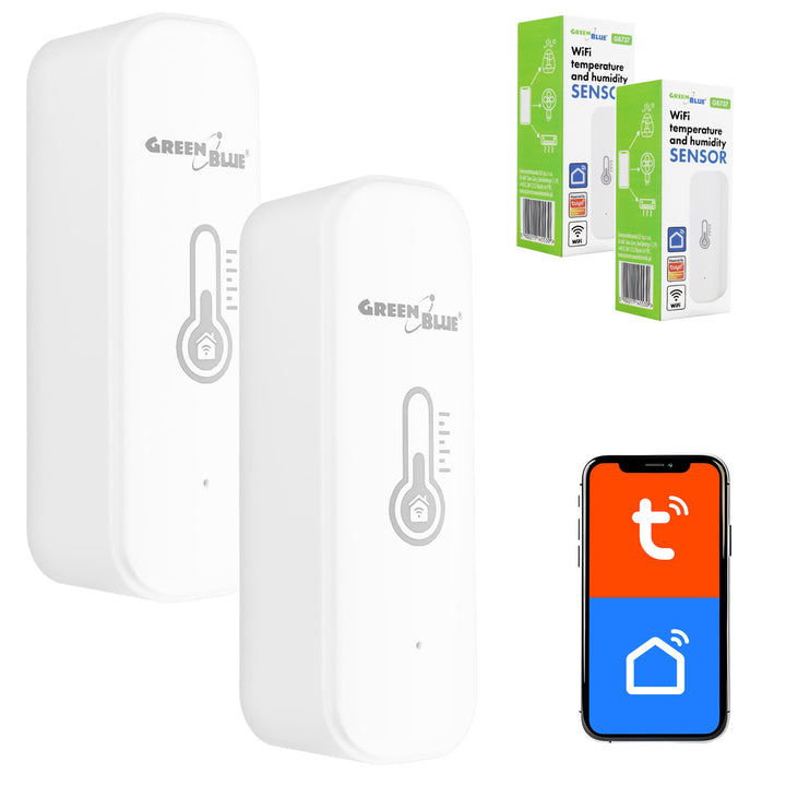 Senzor de temperatură și umiditate WiFi GreenBlue, Android/iOS/Alexa/Google Home, 3,0 V c.c., LR03x2, GB737, 2 bucăți