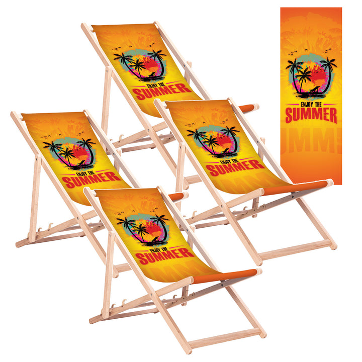 Șezlong clasic din lemn de fag GreenBlue GB183, cu imprimeu „Enjoy The Summer”, 4 bucăți