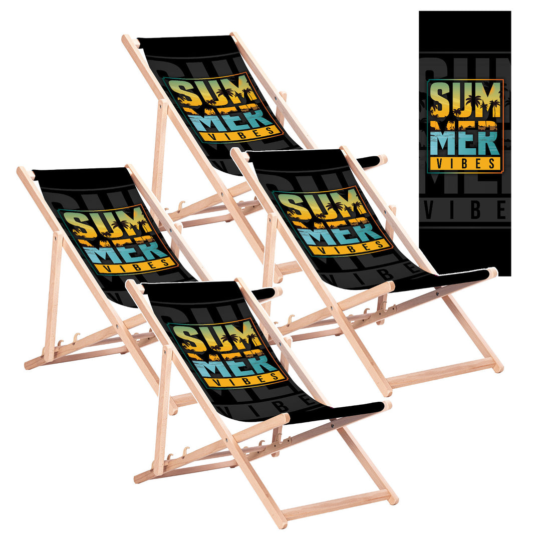 Șezlong clasic din lemn de fag GreenBlue GB183, model cu imprimeu „Summer Vibes”, 4 bucăți