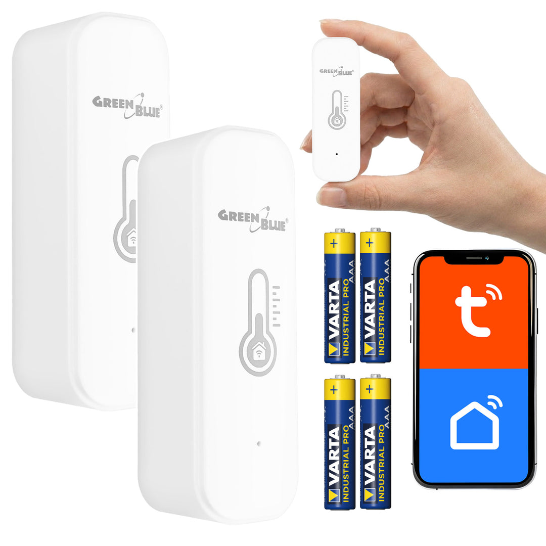 Senzor de temperatură și umiditate WiFi GreenBlue, compatibil cu Android/iOS/Alexa/Google Home, 3,0 V c.c., LR03x2, GB737, 2 bucăți + 4 baterii alcaline AAA Varta Industrial 4003