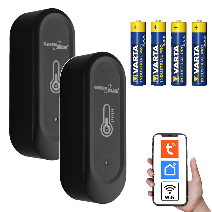 Senzor extern de temperatură și umiditate WiFi GreenBlue, Android/iOS, 3,0 V c.c., LR03x2, IP65, GB741, 2 bucăți + 4 baterii alcaline AAA Varta Industrial 4003