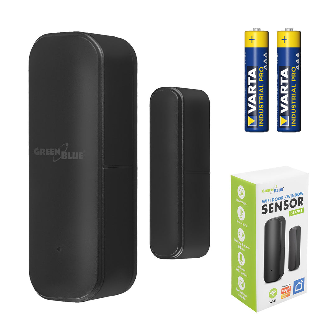 GB479 B Senzor de deschidere fără fir / contact magnetic WiFi GreenBlue, Android/iOS, pentru uși / ferestre, 3,0 V c.c., LR03x2, GB479 B + 2 baterii R-03 LR03 AAA alcaline Varta Industrial 4003
