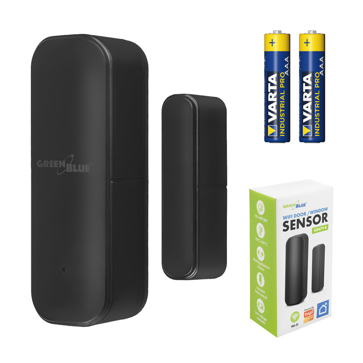 GB479 B Senzor de deschidere fără fir / contact magnetic WiFi GreenBlue, Android/iOS, pentru uși / ferestre, 3,0 V c.c., LR03x2, GB479 B + 2 baterii R-03 LR03 AAA alcaline Varta Industrial 4003
