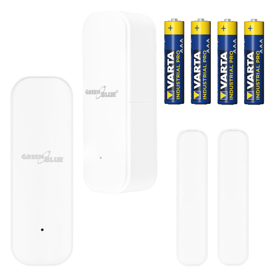 Contactor fără fir / senzor de deschidere WiFi GreenBlue, Android/iOS, pentru uși / ferestre, 3,0 V c.c., LR03x2, GB479, 2 bucăți + 4 baterii alcaline AAA Varta Industrial 4003