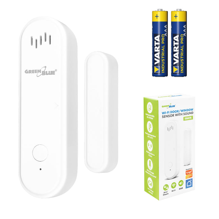 Contactor fără fir / senzor de deschidere WiFi GreenBlue, Android/iOS, pentru uși / ferestre, 3,0 V c.c., LR03x2, cu alarmă, GB478 + 2 baterii R-03 LR03 AAA alcaline Varta Industrial 4003