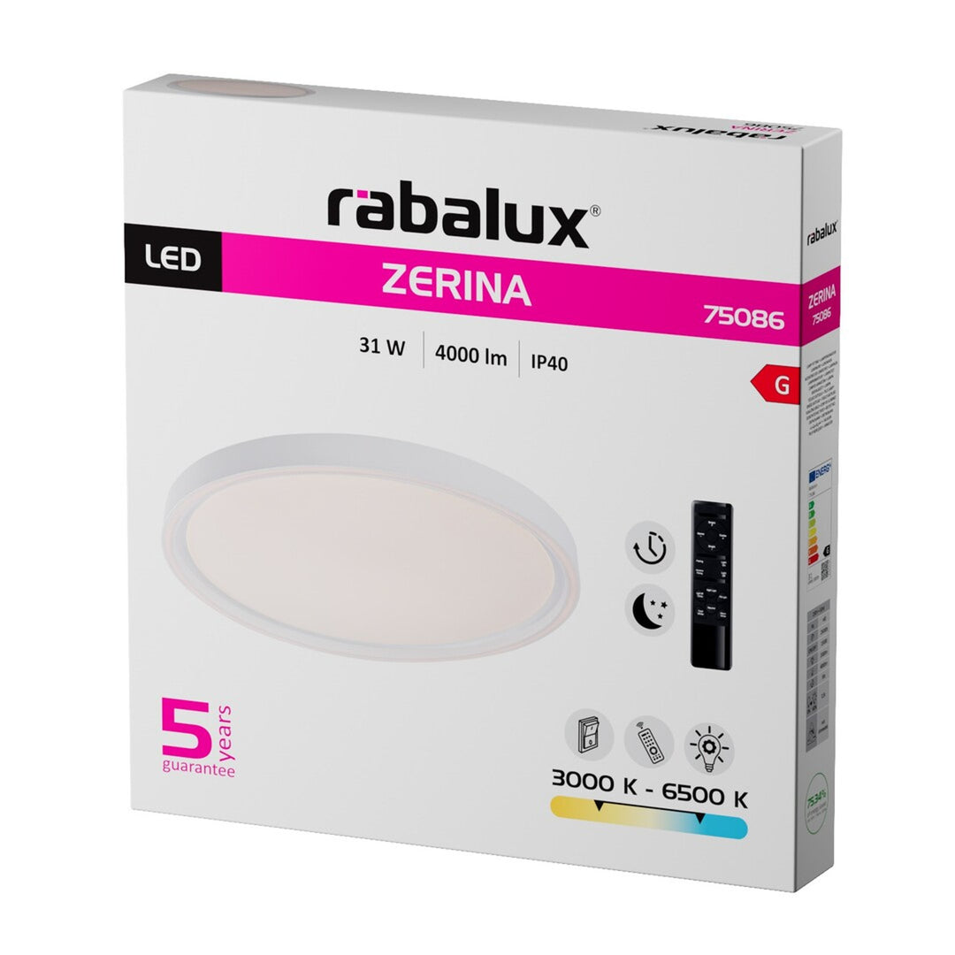 Lampa de tavan Rabalux Zerina, 31 W, IP40, albă, 3000-6500 K, funcție de memorie, cu telecomandă, funcție de temporizator, efect de lampă de veghe, 75086