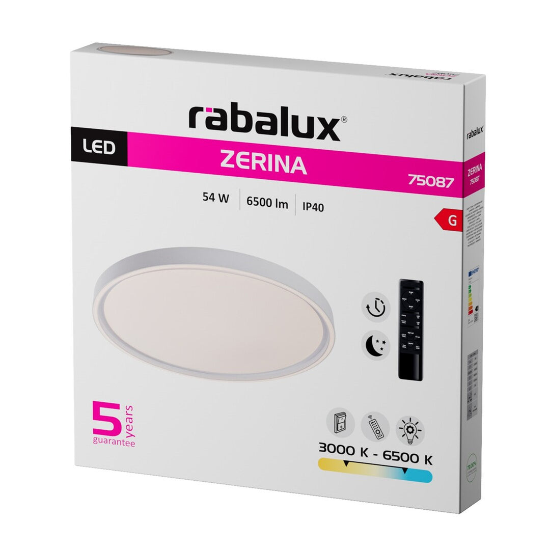 Lampa de tavan Rabalux Zerina, 54 W, IP40, albă, 3000-6500 K, funcție de memorie, cu telecomandă, funcție de temporizator, efect de lampă de veghe, 75087