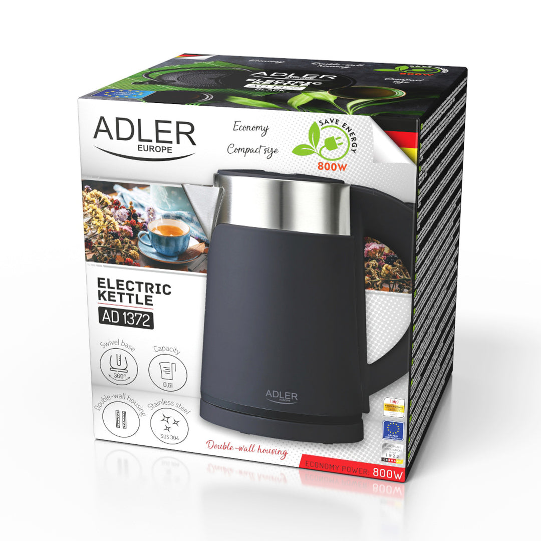 Ceainic electric Adler, din metal, 0,6 L, silențios, putere 800 W, negru. AD 1372