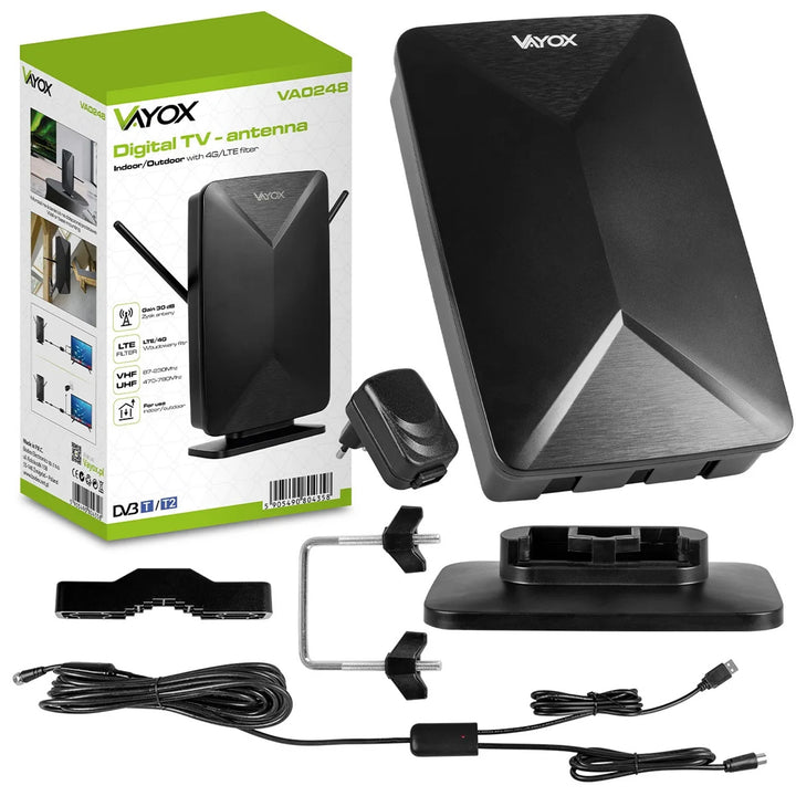 Antenă activă, de interior, de exterior, DVB-T2, TV terestru 4K, Vayox