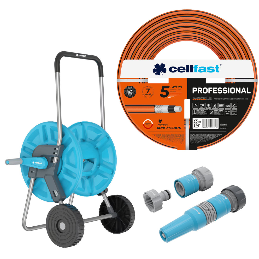 Furtun de grădină Cellfast, PROFESSIONAL 3/4" 20 m + Cărucior pentru furtun Cellfast Aluplus 1/2" 60 m + Set cu aspersor drept 3/4" IDEAL