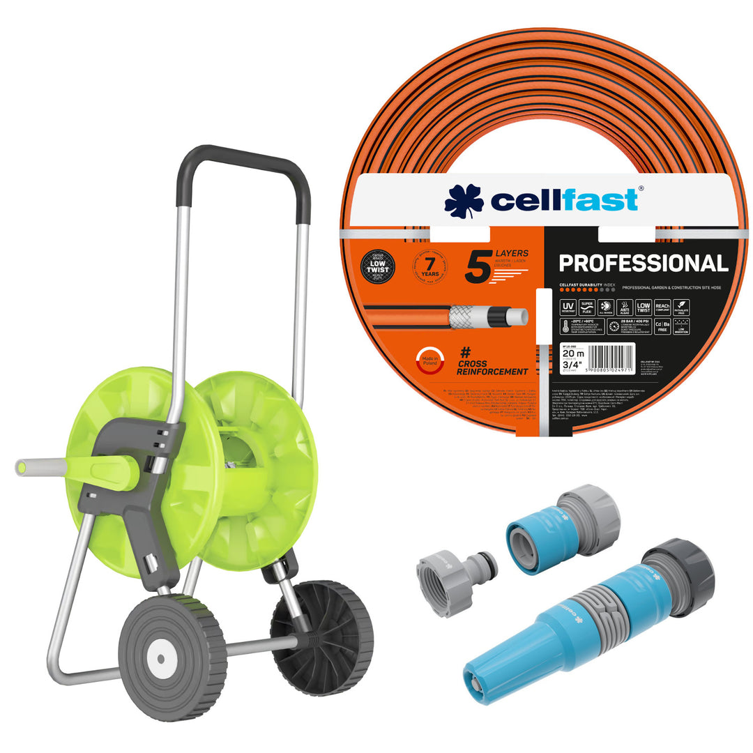 Furtun de grădină Cellfast, PROFESSIONAL 3/4" 20 m + Cărucior pentru furtun Cellfast Economic 1/2" 45 m + Set cu aspersor drept 3/4" IDEAL