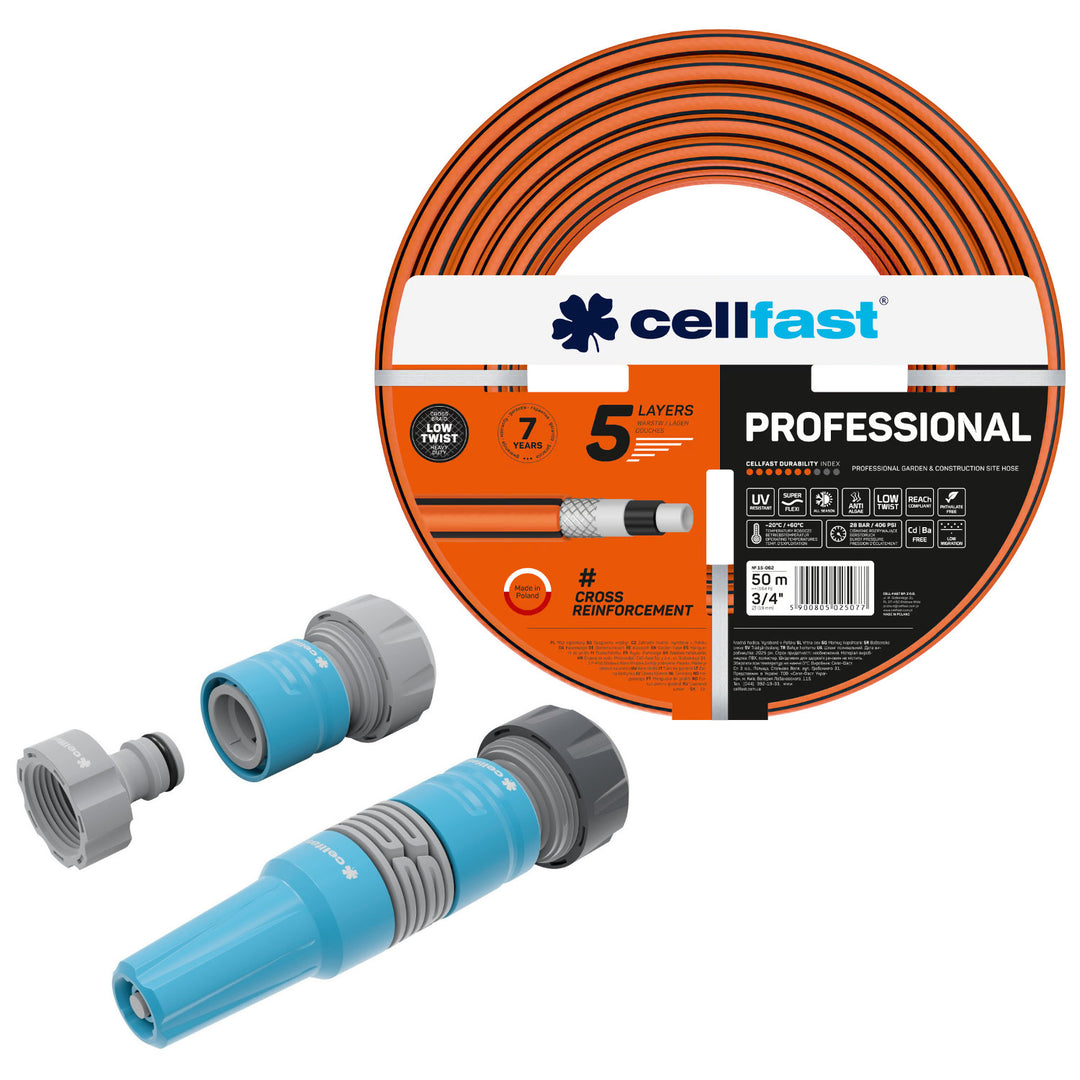 Furtun de grădină Cellfast, PROFESSIONAL 3/4" 50 m + Set cu aspersor drept 3/4" IDEAL