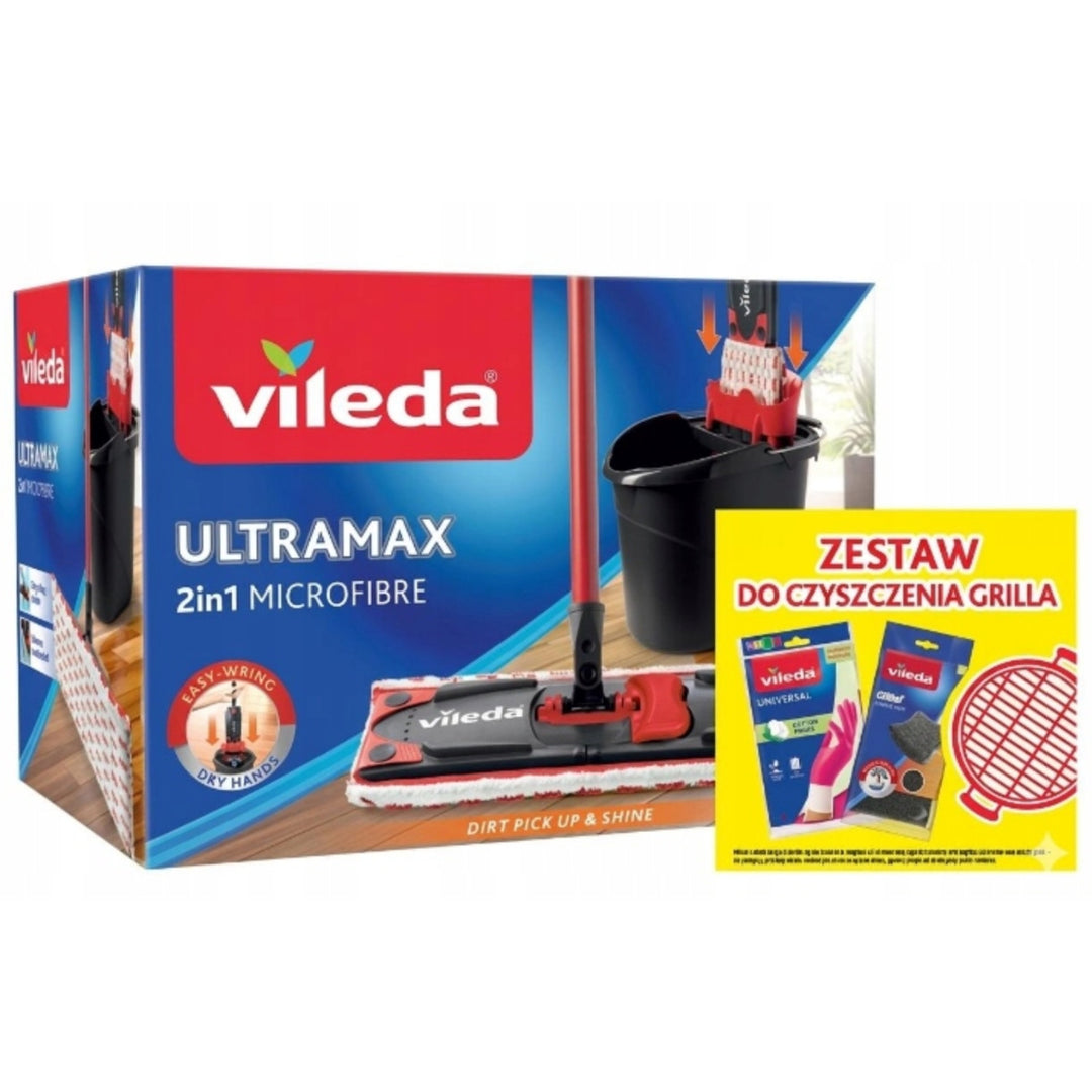 Set mop plat Ultramax + mănuși Universal + burete de spălat Glitzi (2 buc.) Vileda, Sistem de scurgere fără contact, Două tipuri de fibre, 177453