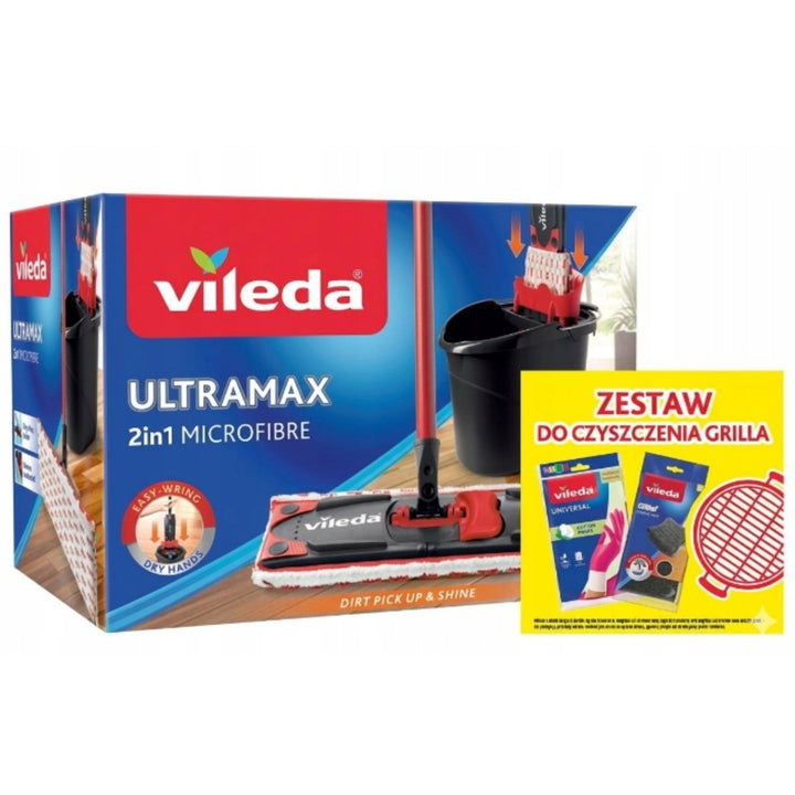 Set mop plat Ultramax + mănuși Universal + burete de spălat Glitzi (2 buc.) Vileda, Sistem de scurgere fără contact, Două tipuri de fibre, 177453