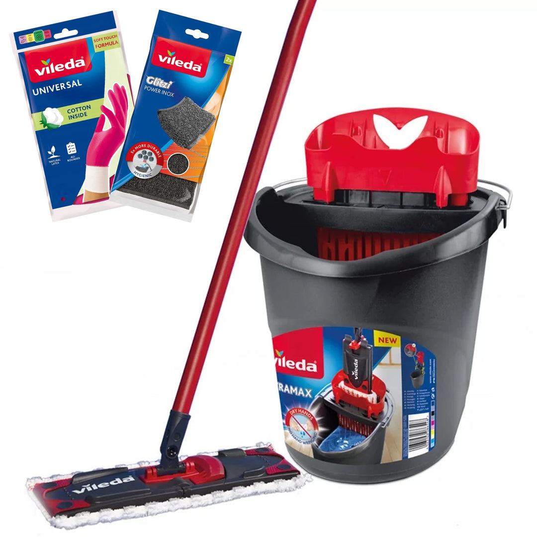 Set mop plat Ultramax + mănuși Universal + burete de spălat Glitzi (2 buc.) Vileda, Sistem de scurgere fără contact, Două tipuri de fibre, 177453