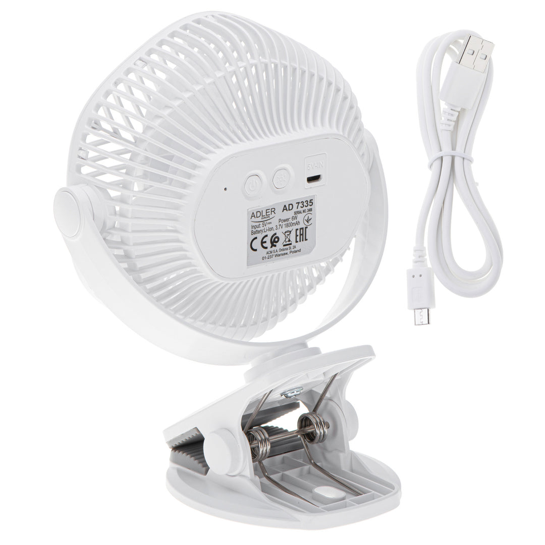 Ventilator cu baterie de 5"/12,7 cm cu clemă – USB / LED, AD 7335, Adler