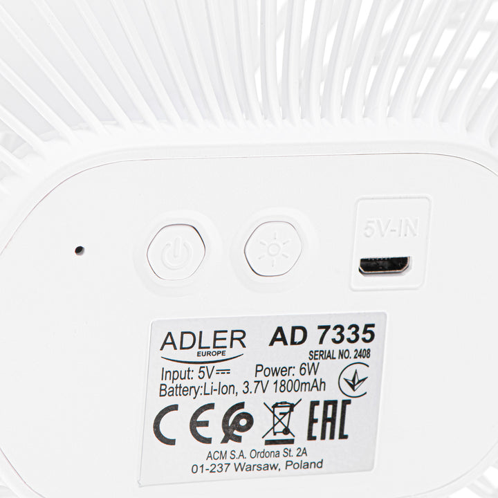 Ventilator cu baterie de 5"/12,7 cm cu clemă – USB / LED, AD 7335, Adler